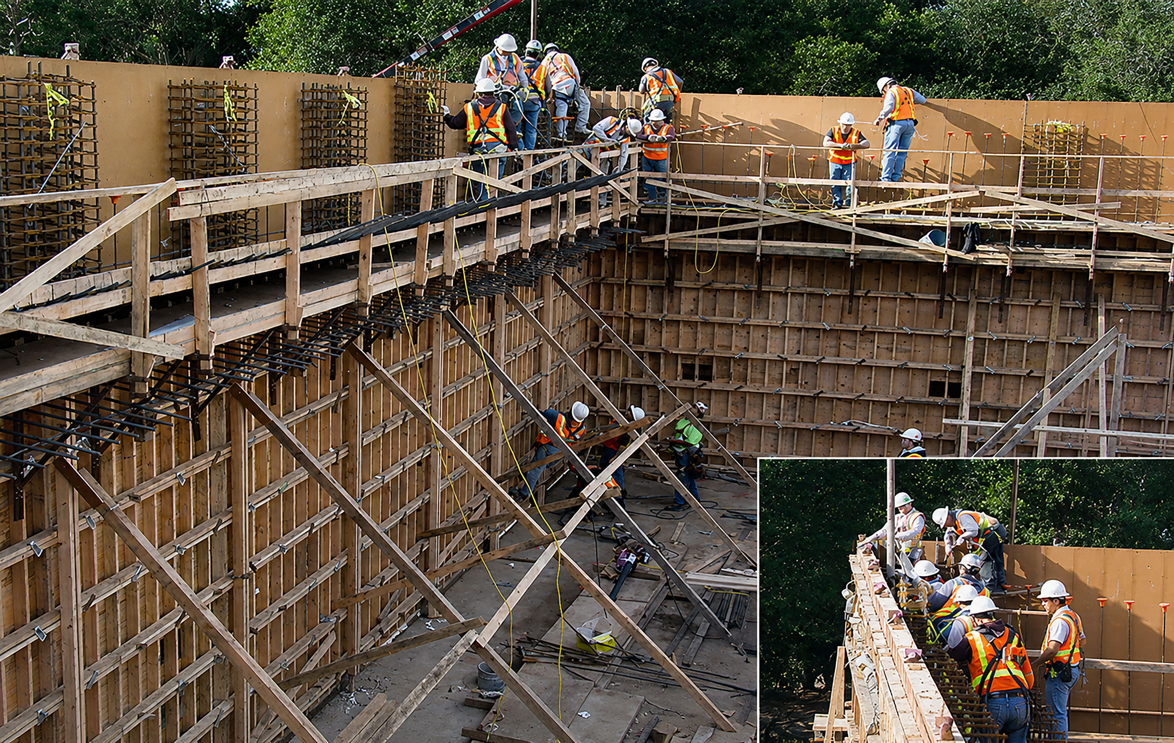 Construction site with tall timber formwork, rebar cages, temporary walkways, braces, and hanging cables surrounding a deep concrete structure. Workers in hard hats and reflective safety vests install reinforcement and handle equipment along the upper platforms and inside the excavation. A small inset image at the lower right shows a closer view of the crew working along the formwork edge.