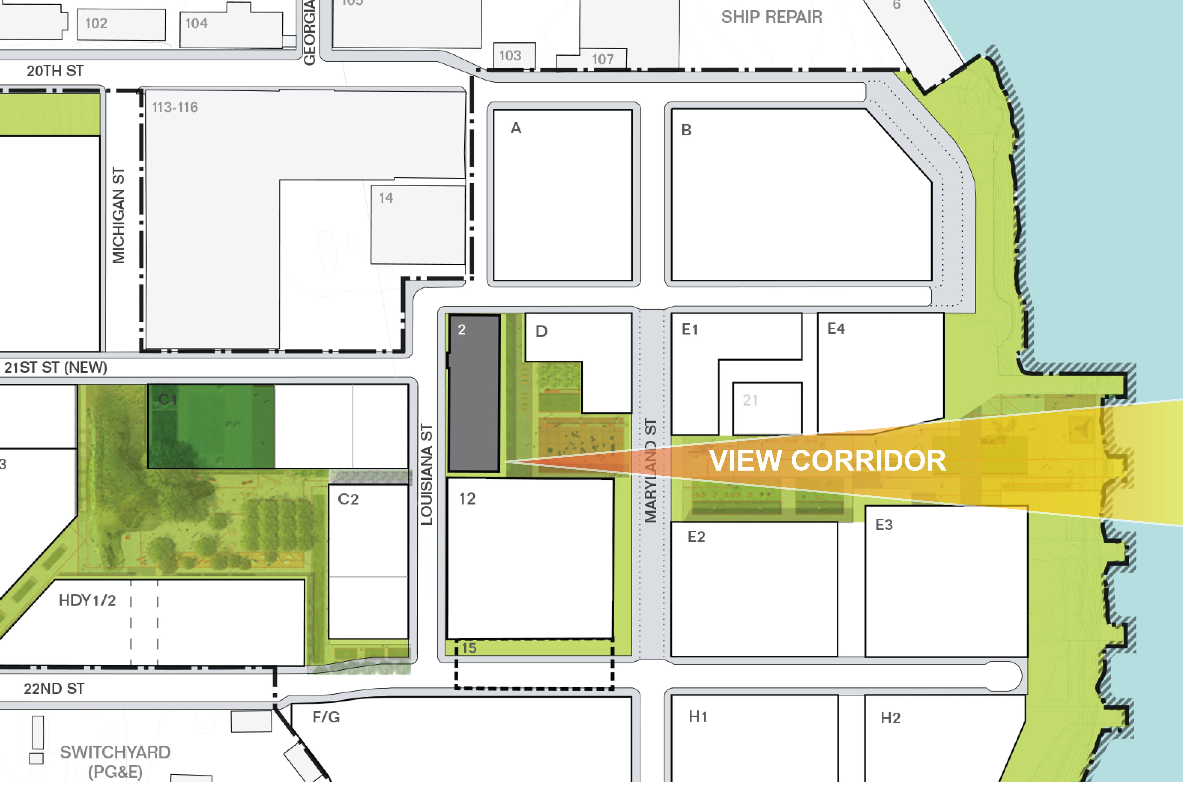 Illustrative site plan of the Pier 70 district highlighting streets, building parcels, open spaces, and a designated east–west view corridor connecting the site to the San Francisco Bay.