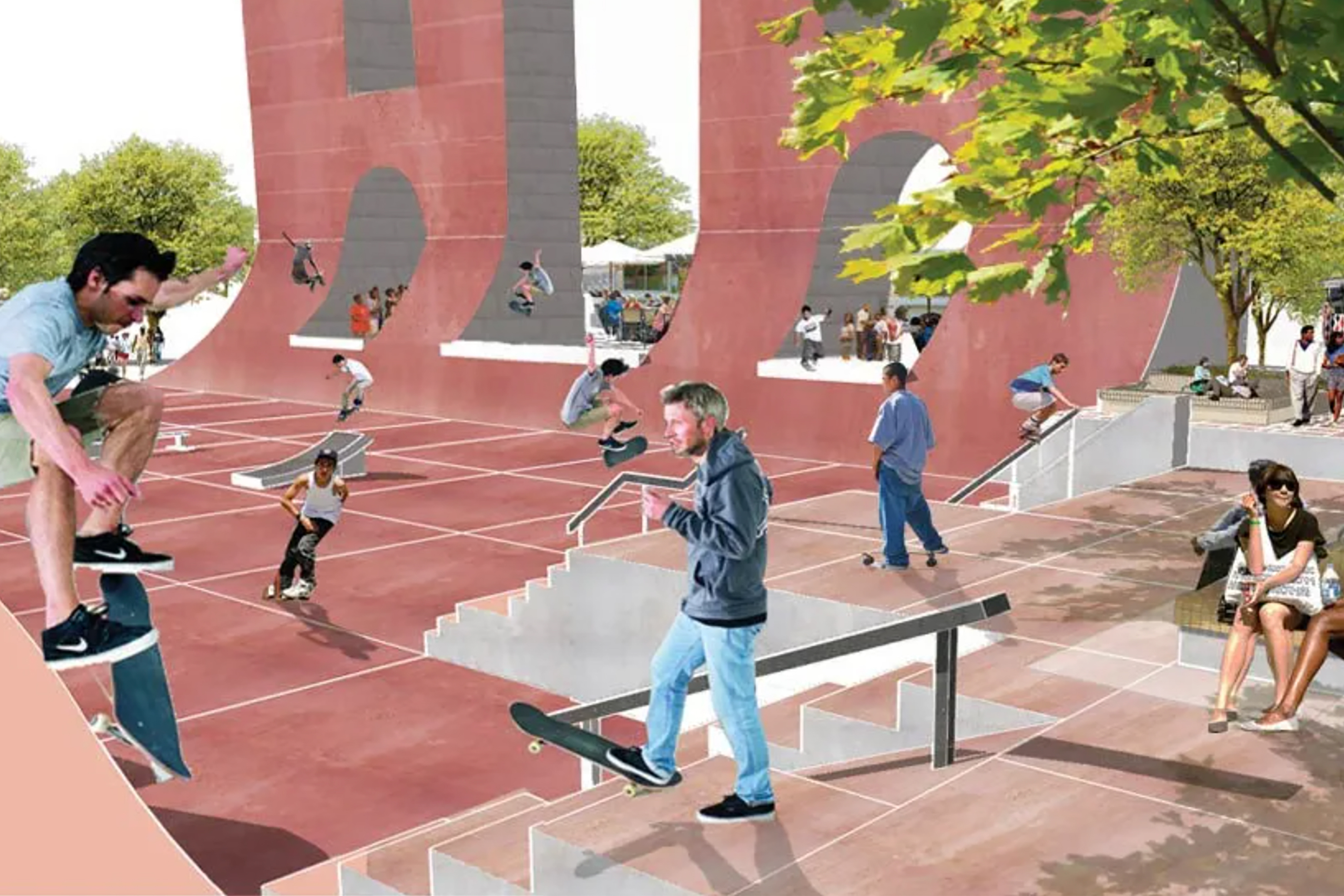 Skaters of all ages use a large outdoor skate plaza with ramps, stairs, rails, and sculptural walls, while others sit and watch under nearby trees.