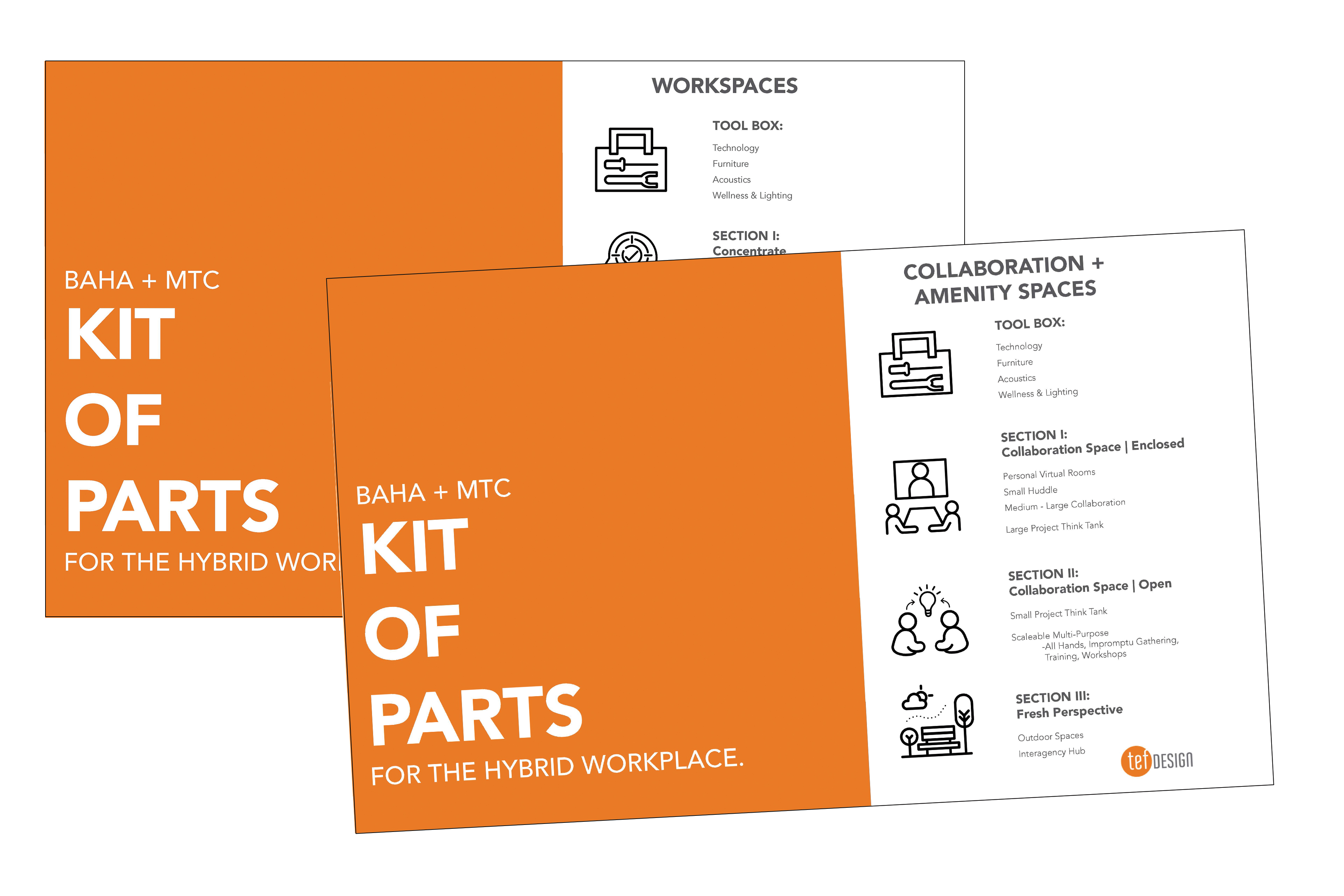 Overlapping covers of the ‘BAHA + MTC Kit of Parts for the Hybrid Workplace,’ featuring bold orange title panels and white layouts with icons and section headings for workspaces and collaboration and amenity spaces.