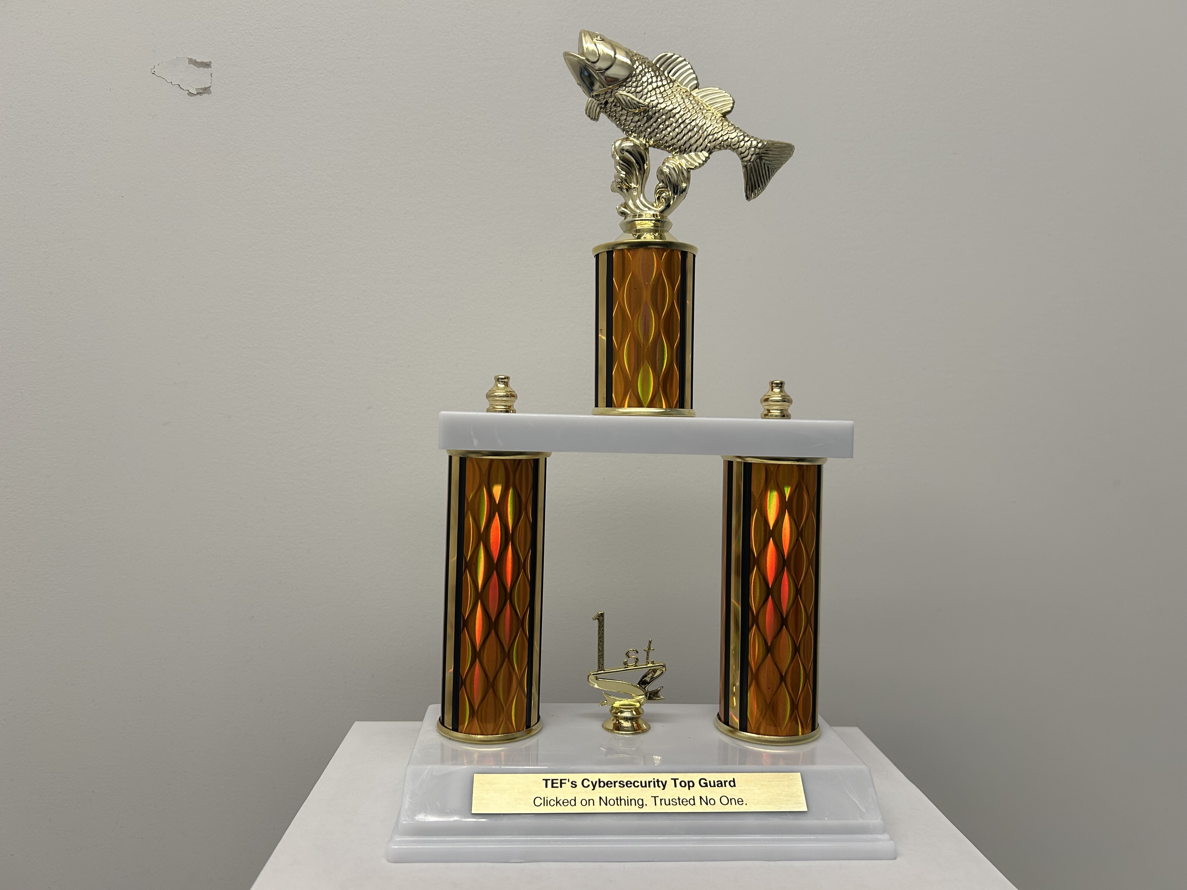 A gold and white trophy with a fish figurine on top and an engraved plaque that reads, “TEF’s Cybersecurity Top Guard – Clicked on Nothing. Trusted No One.” The trophy sits on a white surface against a plain beige wall.
