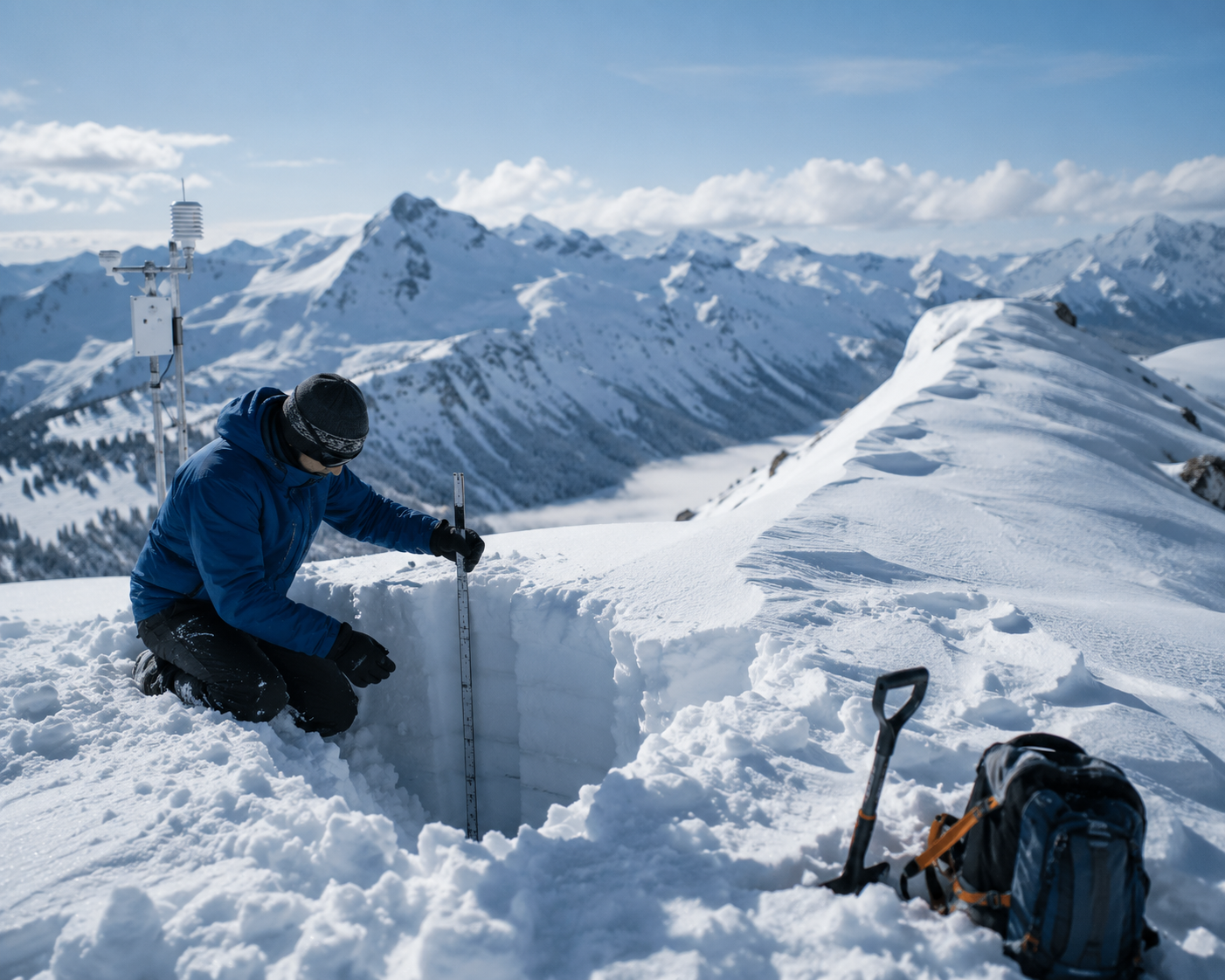Researcher measures layers in a snow pit on a high alpine ridge, with weather-monitoring equipment, a shovel, and snow-covered mountains in the background.