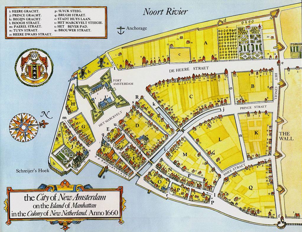 A colorful illustrated map of New Amsterdam on Manhattan Island in 1660, showing streets, buildings, and landmarks of the Dutch colonial settlement labeled with historical names.