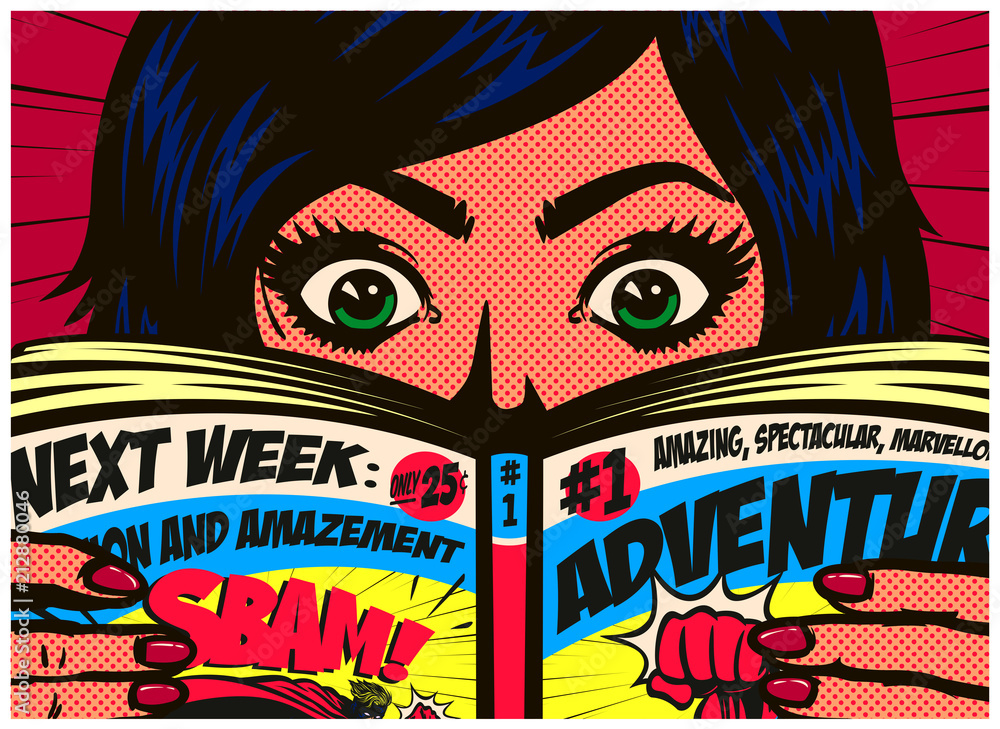Pop-art illustration of a woman with green eyes peering over an open comic book, with bold halftone patterns and red, blue, yellow, and black graphics.