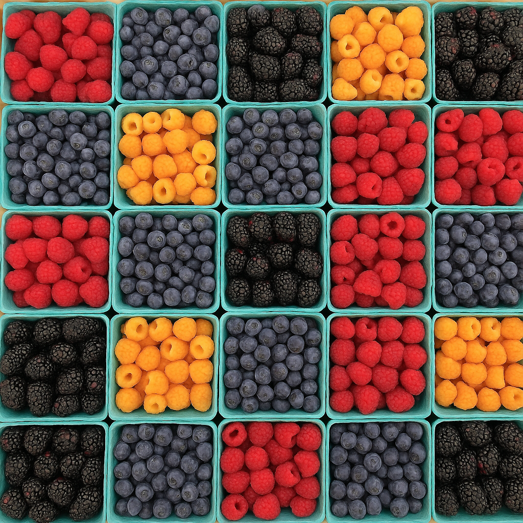 An overhead view of colorful fresh fruit displayed in small square market baskets, featuring vibrant raspberries, blueberries, blackberries, and apricots arranged neatly in a grid pattern.