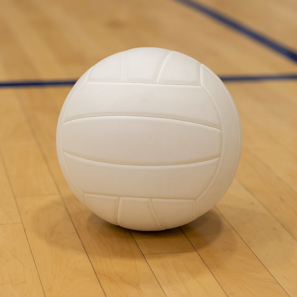 White volleyball sitting on indoor court with two blue court lines in the background.