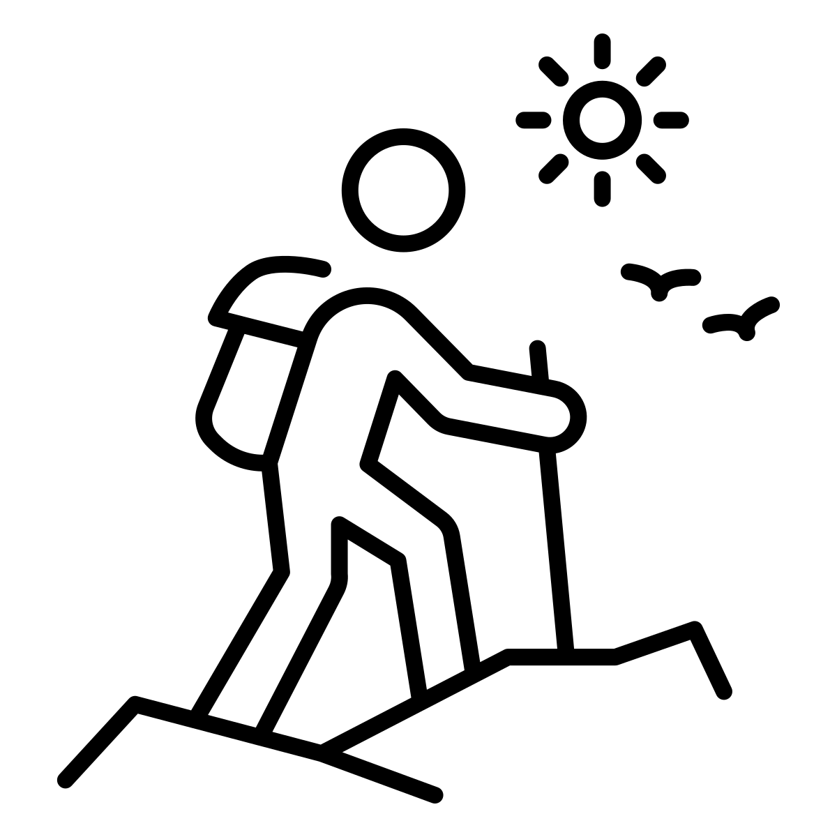 Line drawing of person hiking up a hill with a backpack and walking stick. There are birds and sun in the sky above them.