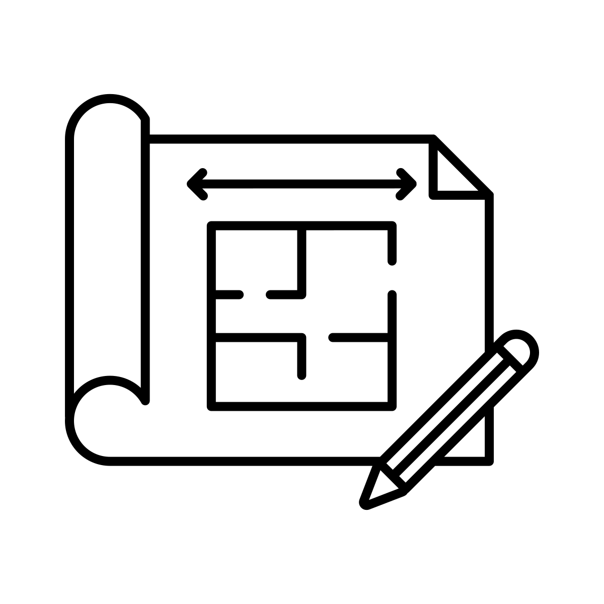 Black line icon of a floor plan on a rolled architectural drawing, with a pencil and dimension arrow.