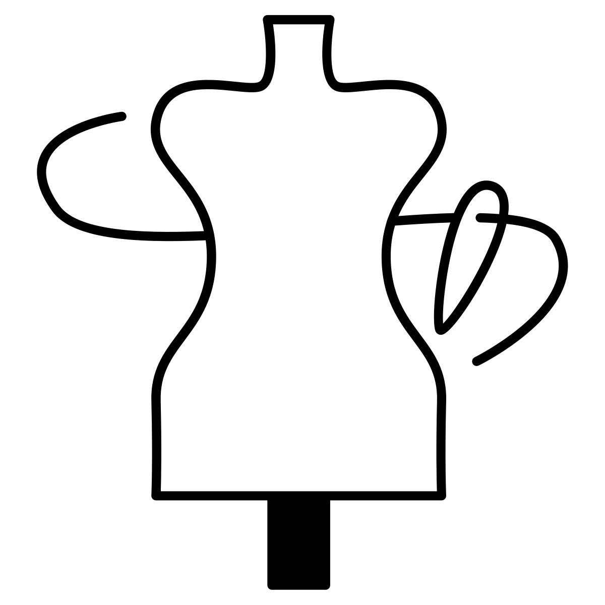 Black line icon of a dress form wrapped with a measuring tape, representing fashion or apparel design.