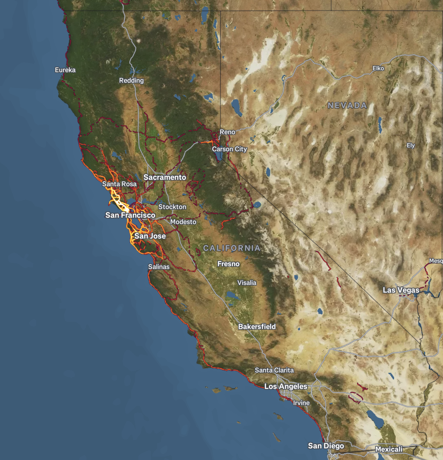 A satellite map showing California and western Nevada, highlighting the San Francisco Bay Area with yellow and red road overlays.