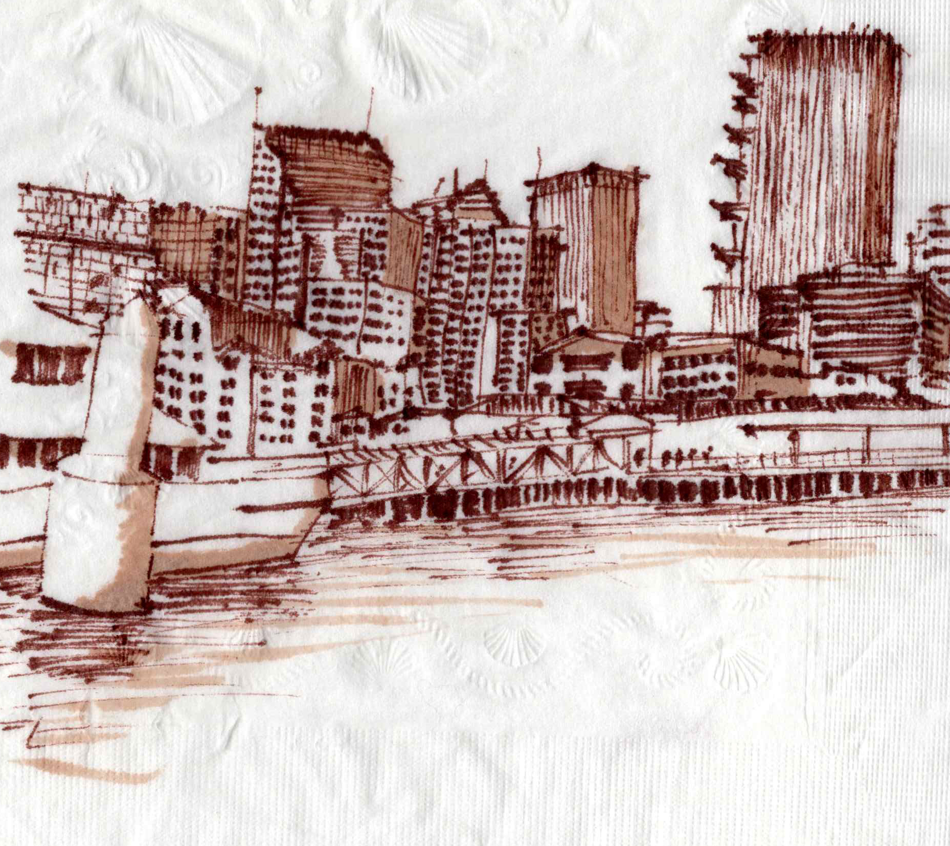Sepia-toned sketch of a city skyline viewed from the water, featuring tall buildings, a docked ship in the foreground, and a pier with figures walking along it, drawn on textured white paper.
