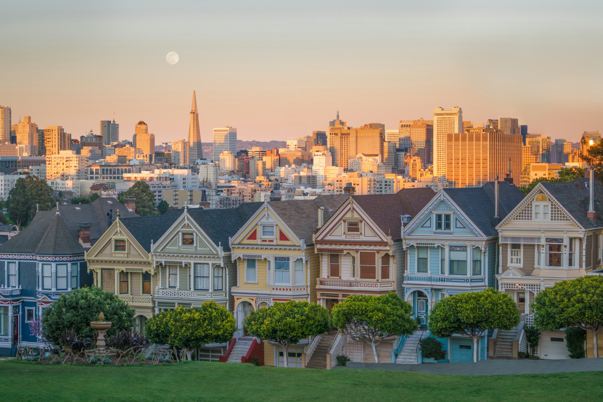 The San Francisco skyline behind the Painted Ladies