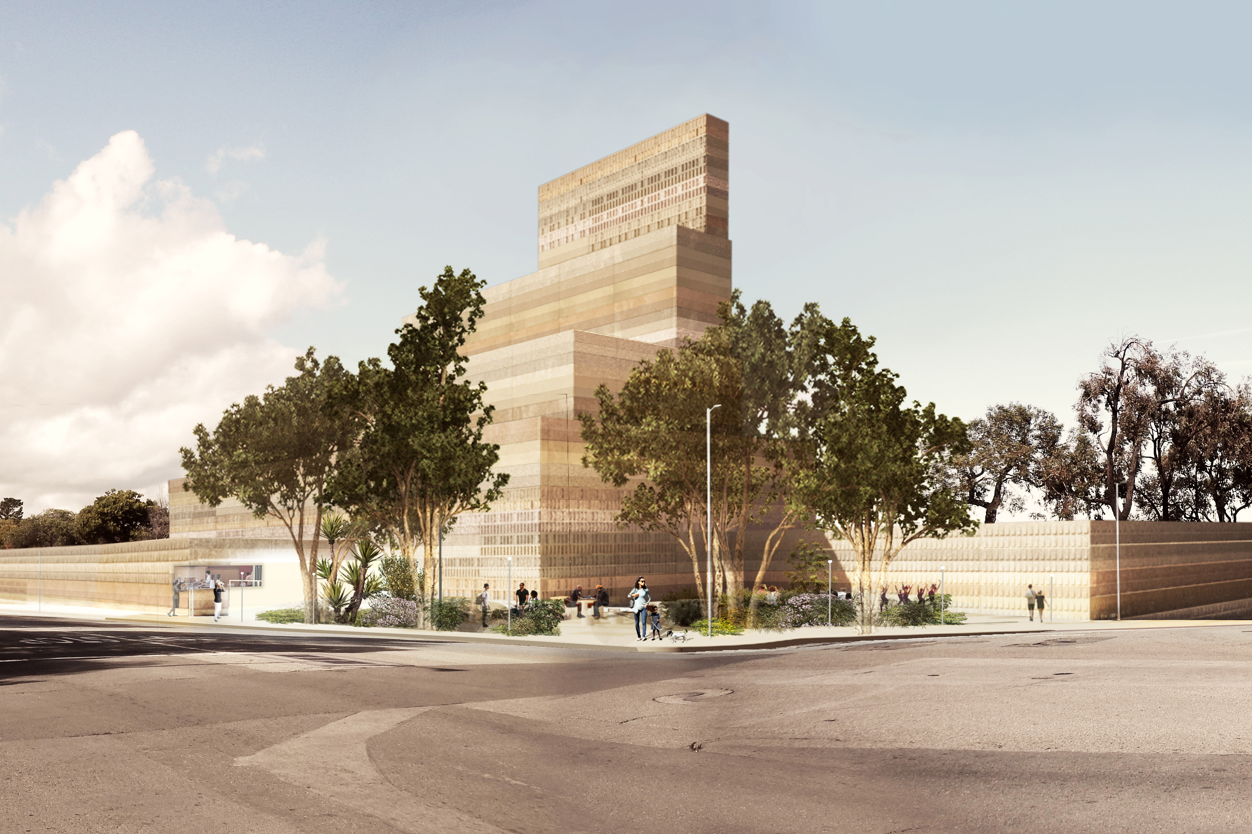 Exterior rendering of a civic building with a layered stone façade, framed by trees and pedestrians at a street corner.