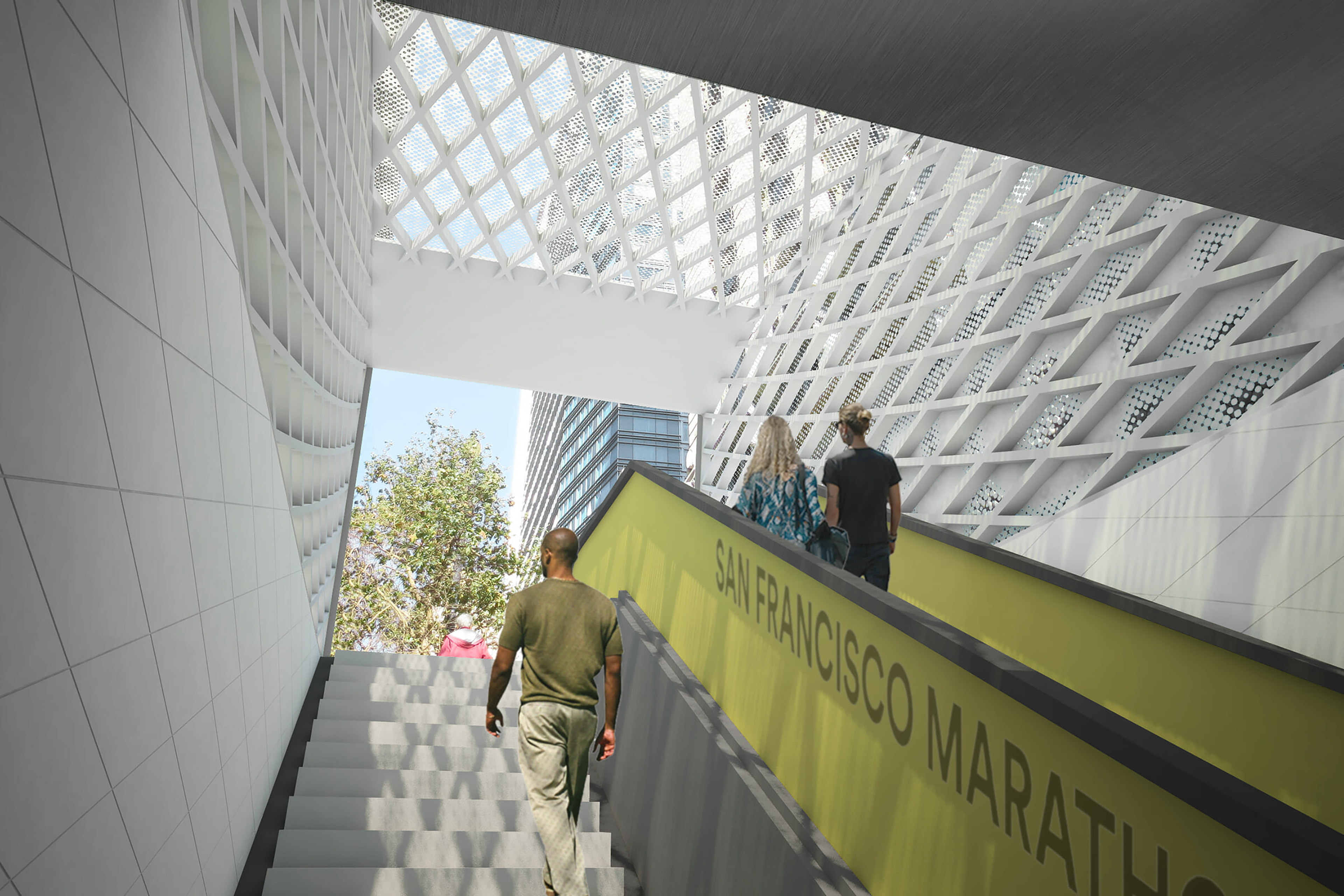 People walking up stairs and a ramp inside a light-filled transit station, with a perforated ceiling and geometric wall patterns.