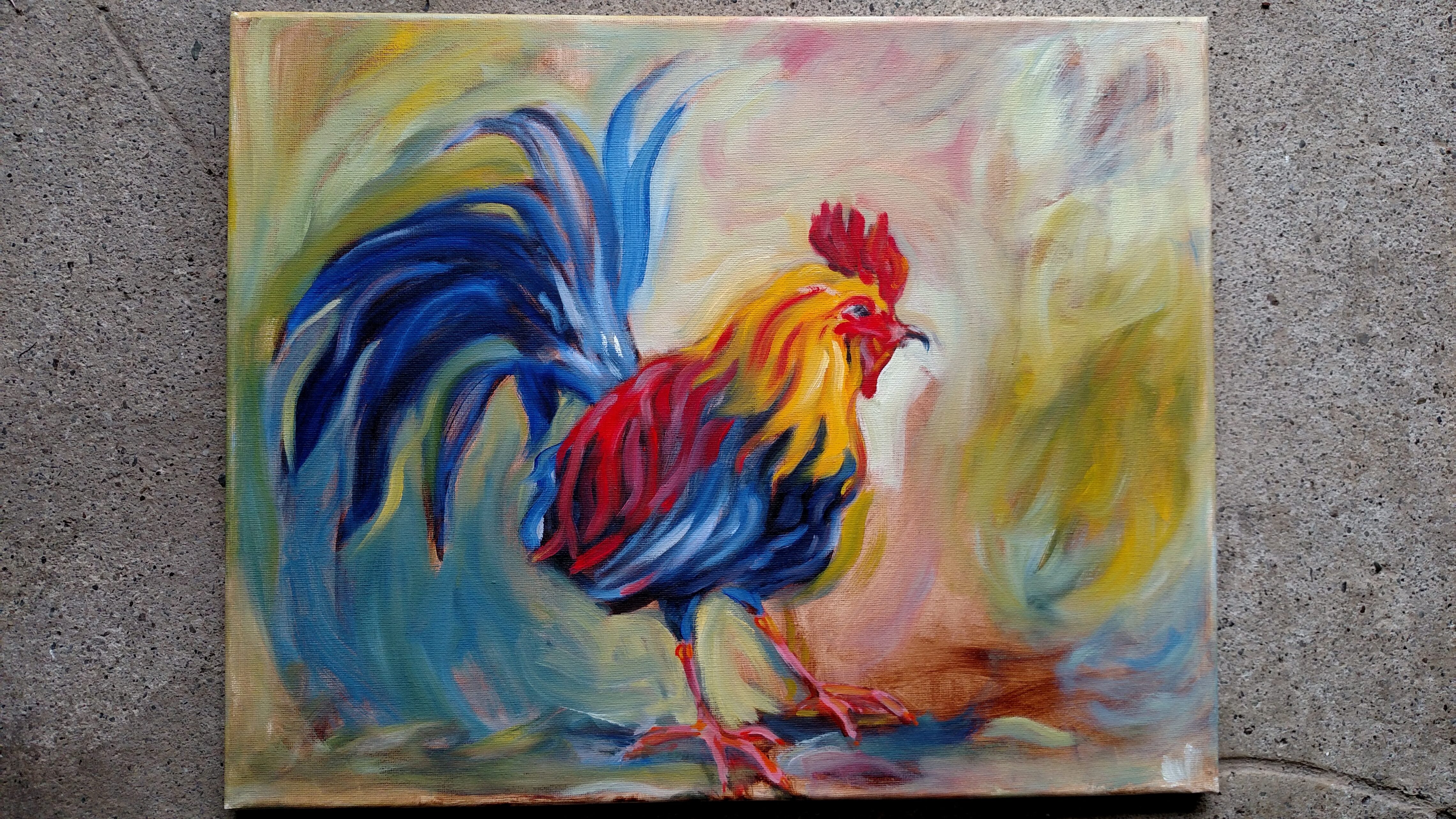 Colorful, expressive oil painting of a rooster