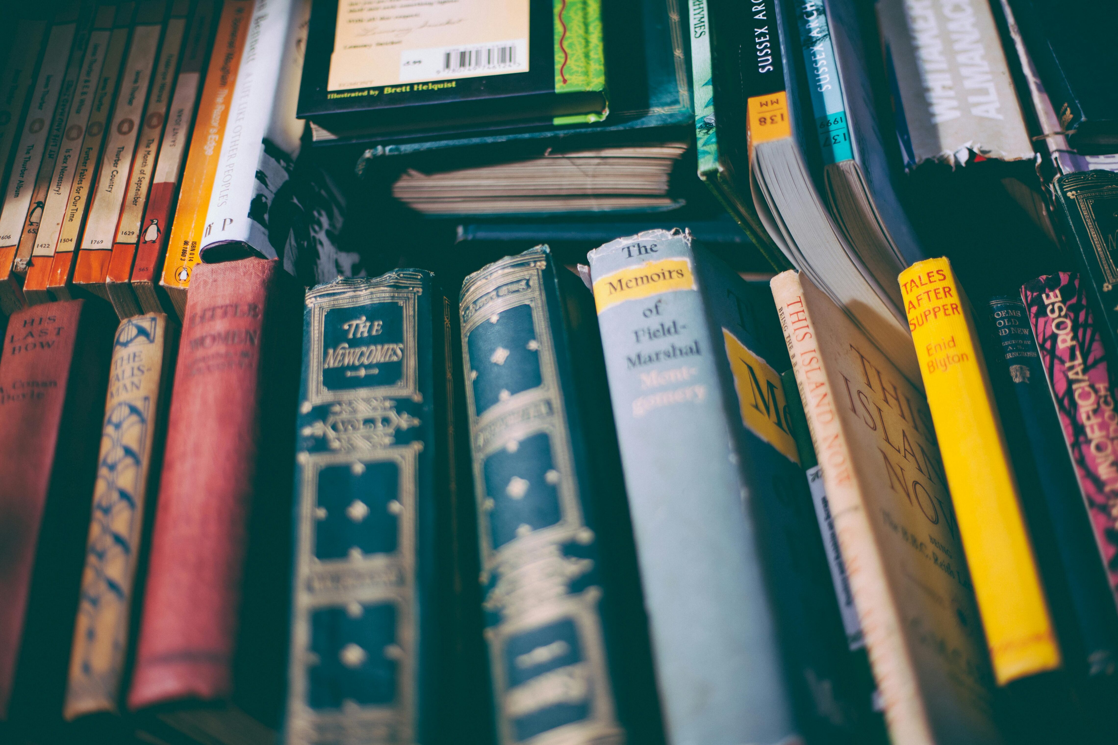 A dusty shot of book spines, close up