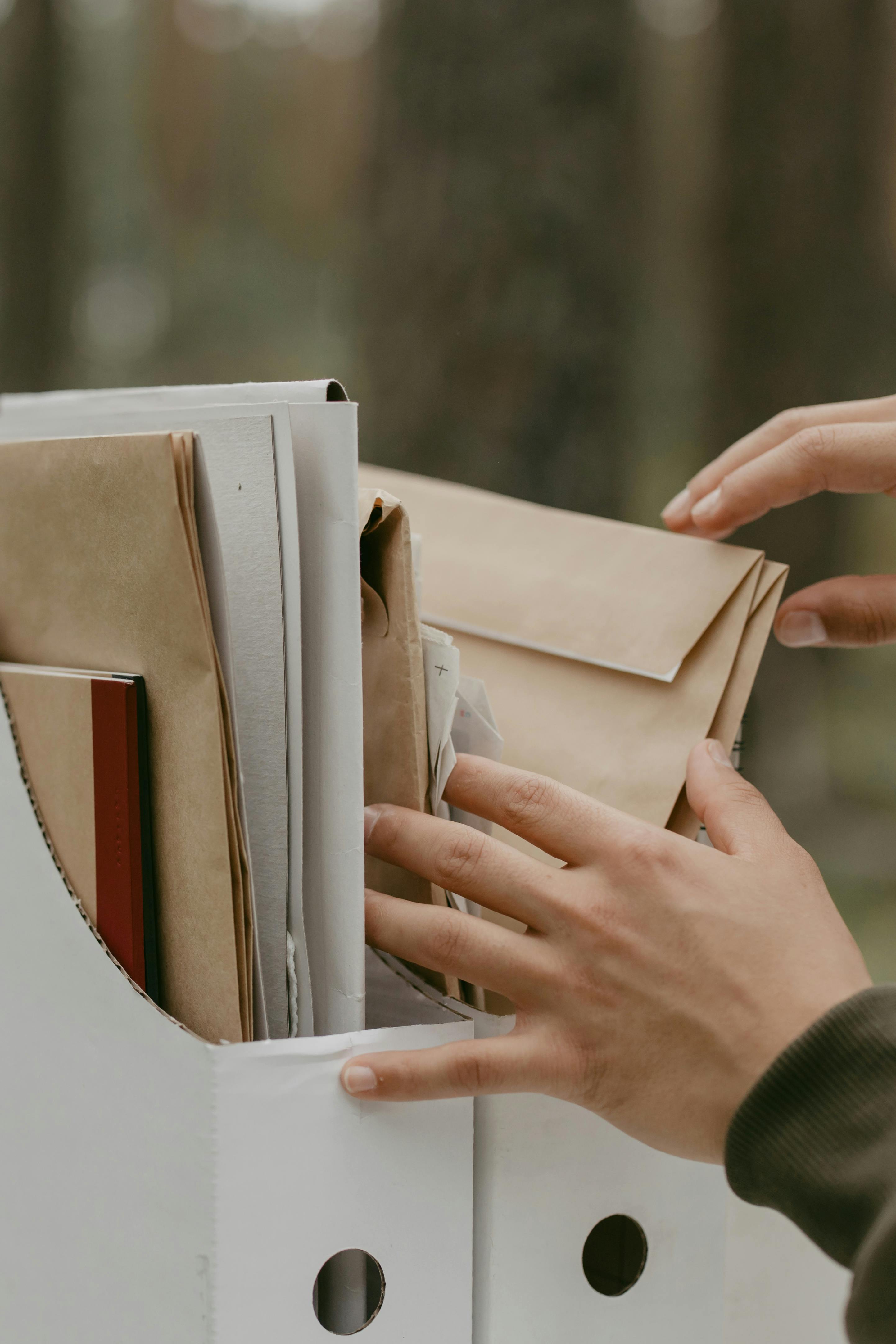 Hands sorting through mail and other files
