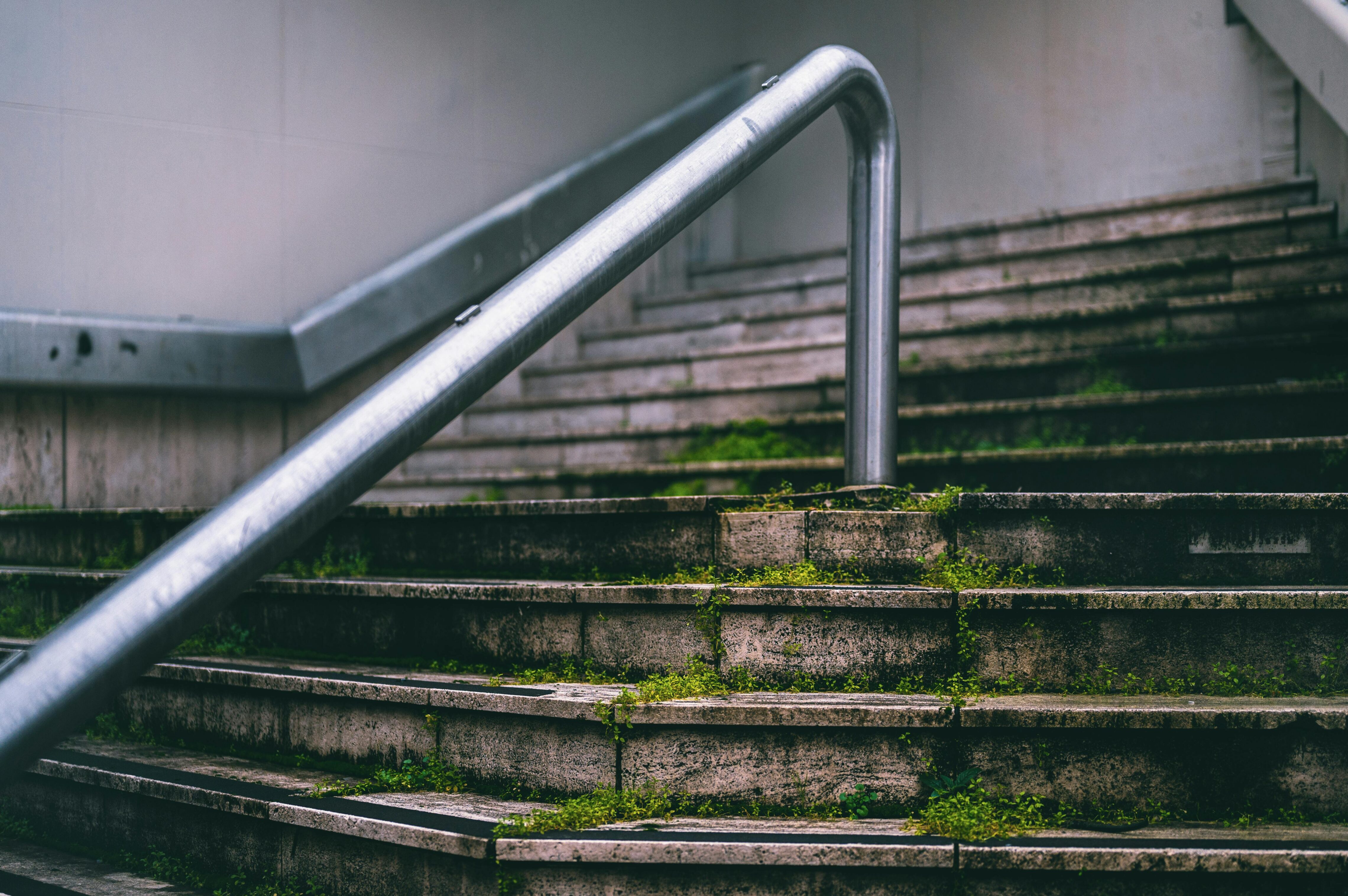 A mossy, outdoor stone staircase with a steel rail