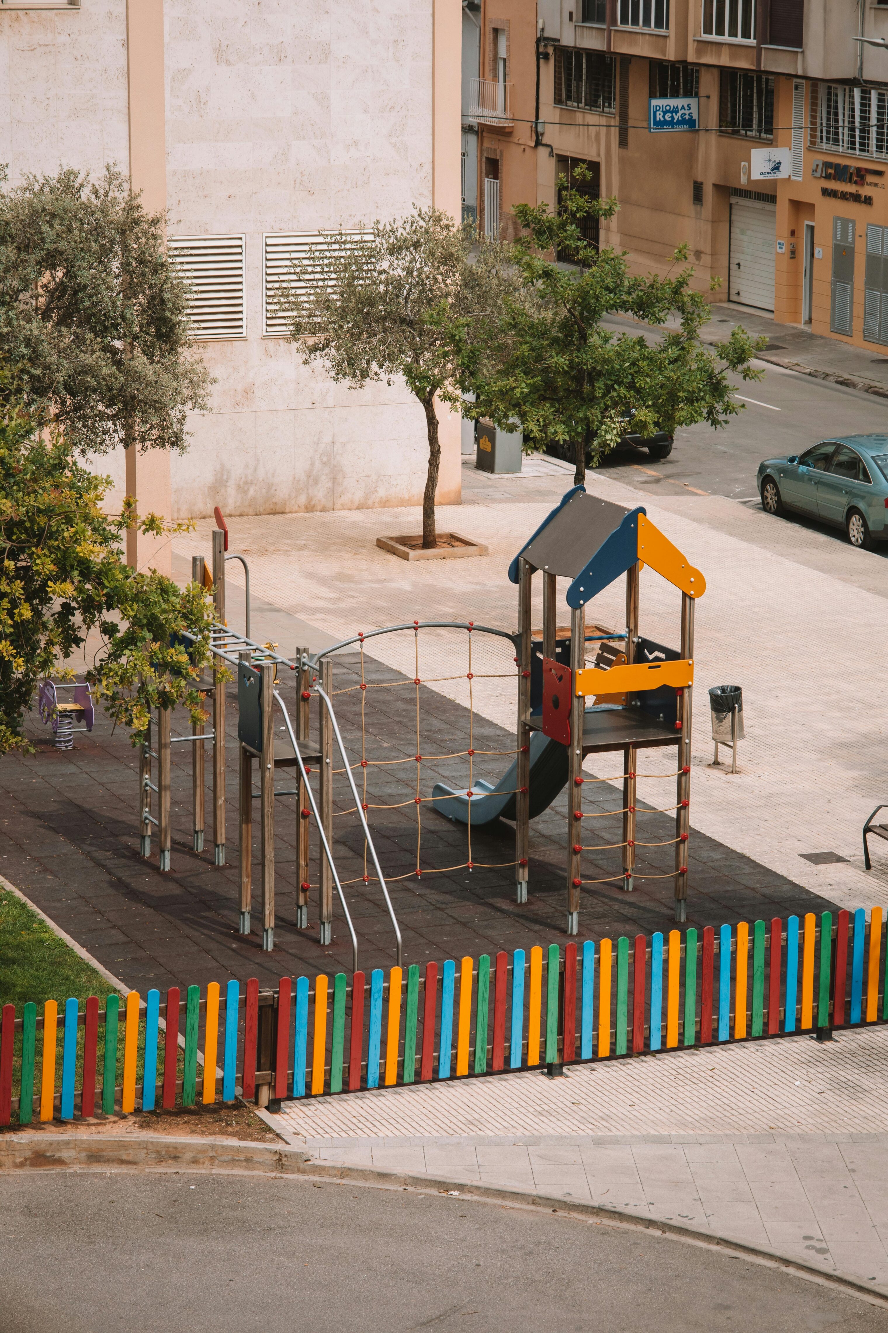 View of a simple, colorful playground.