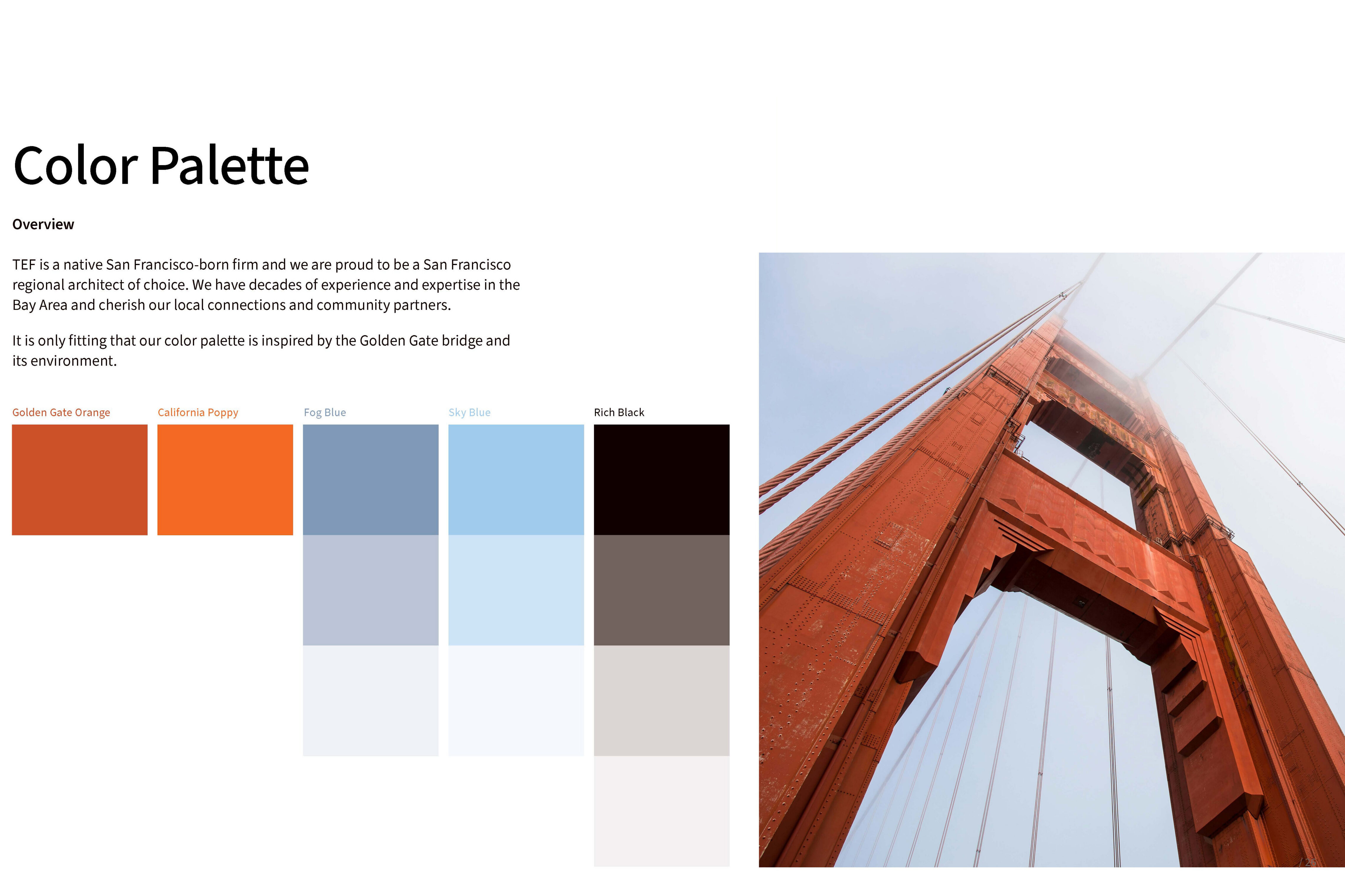 Brand color palette page showing TEF’s primary colors inspired by the Golden Gate Bridge, including Golden Gate Orange, California Poppy, Fog Blue, Sky Blue, and Rich Black, alongside a photograph of the Golden Gate Bridge.
