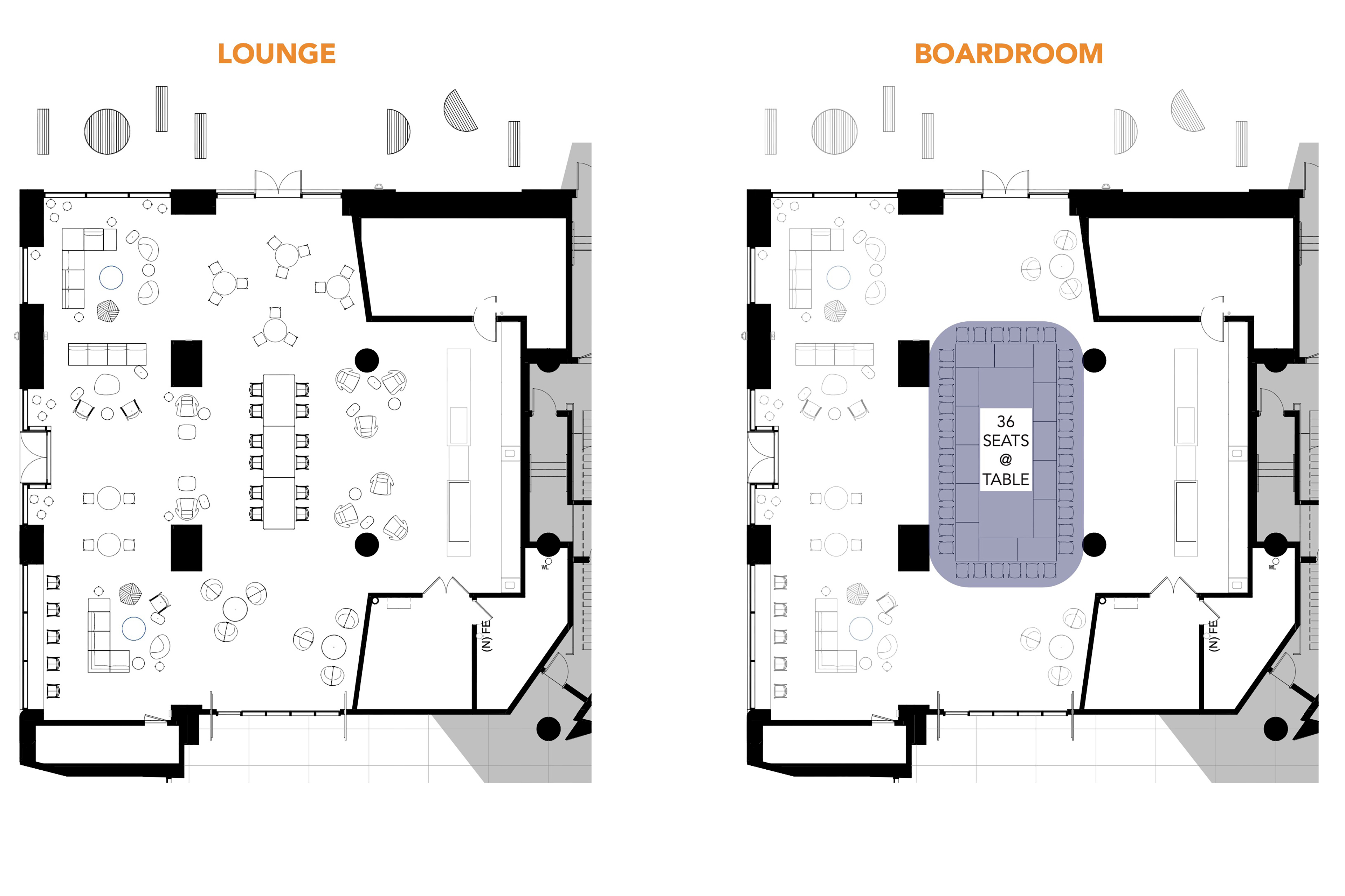 Two floor plan diagrams compare lounge and boardroom furniture layouts, including a boardroom option with 36 seats around a large central table.