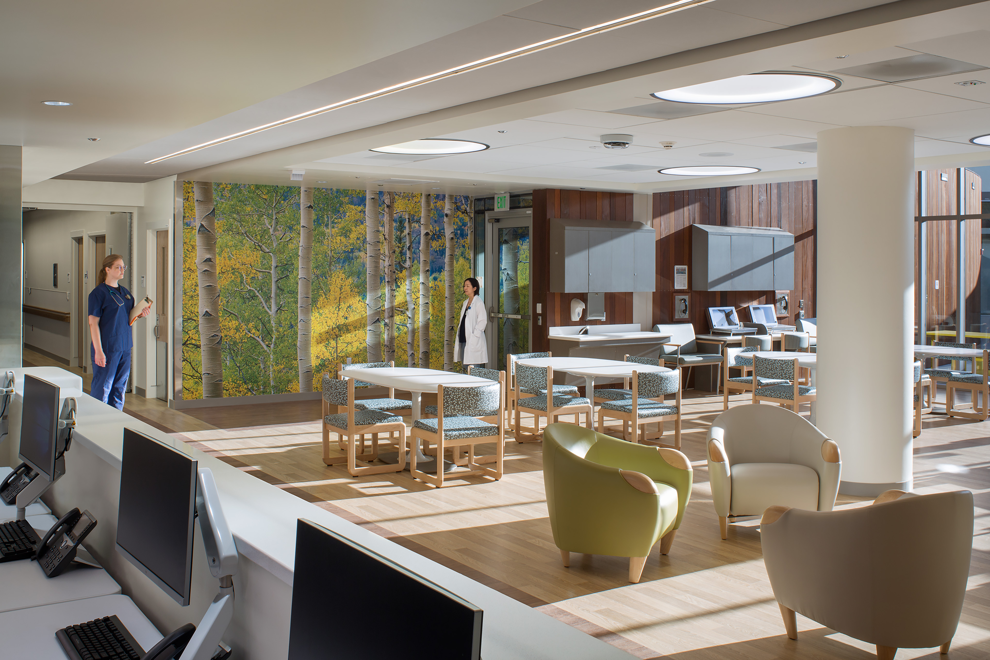 Bright hospital staff lounge with tables, lounge seating, computer workstations, a large birch forest mural, and two clinicians standing in the sunlit space.