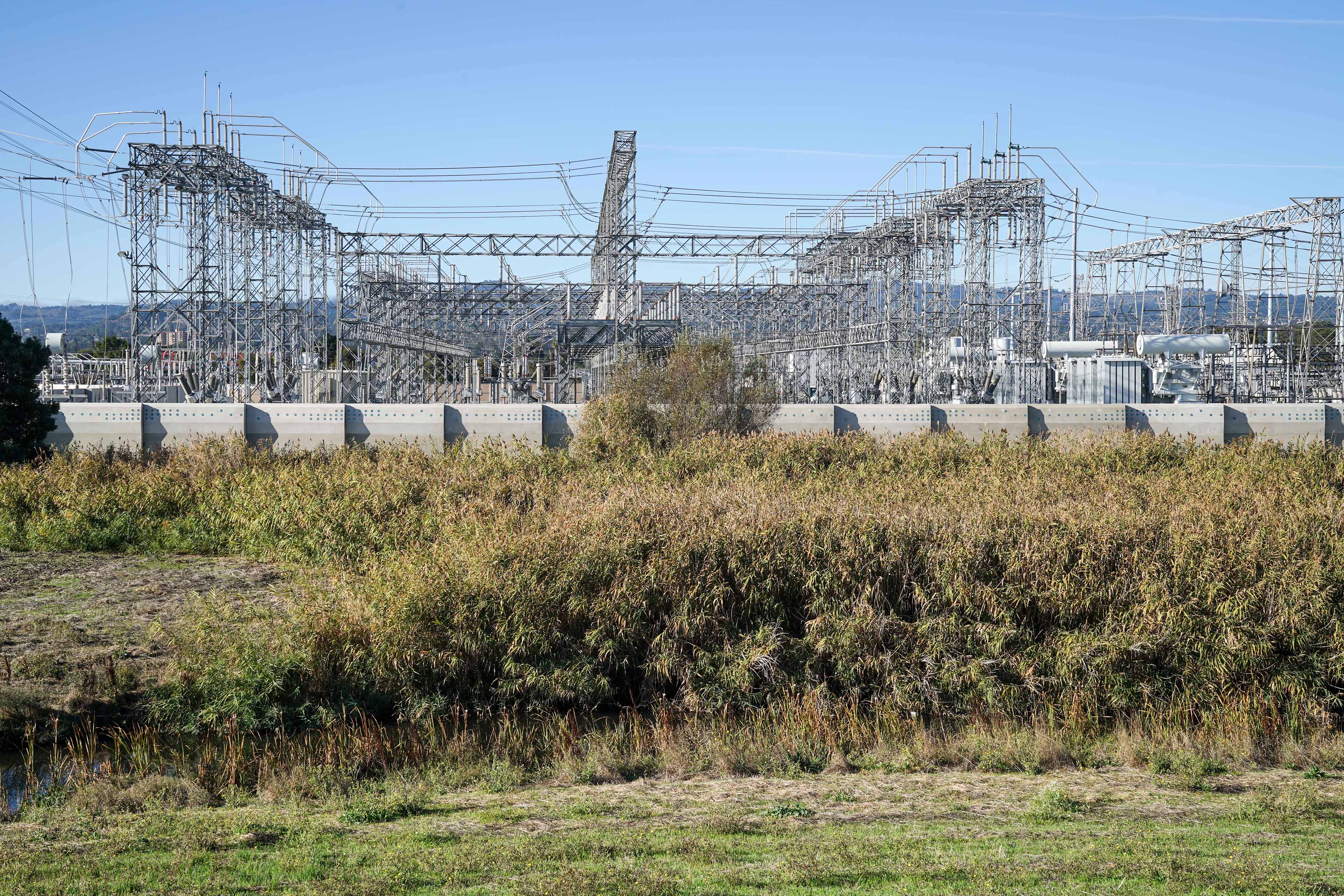 Electrical substation viewed across dense wetland vegetation, with a long precast perimeter wall and extensive steel transmission infrastructure rising beyond.