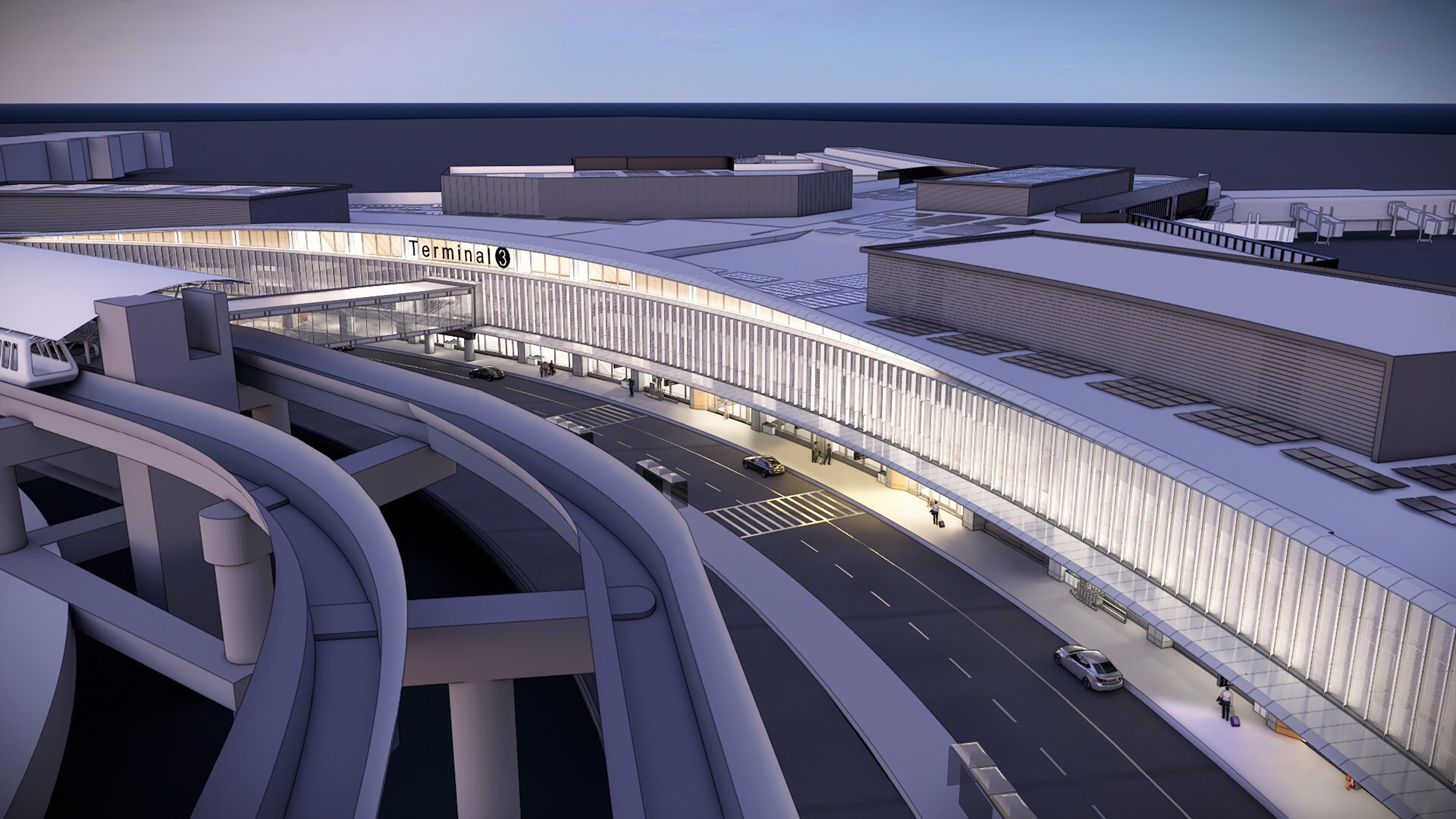 Aerial rendering of a sweeping airport terminal façade and curbside roadway, showing the terminal canopy, pedestrian areas, elevated roadways, and surrounding airport structures.