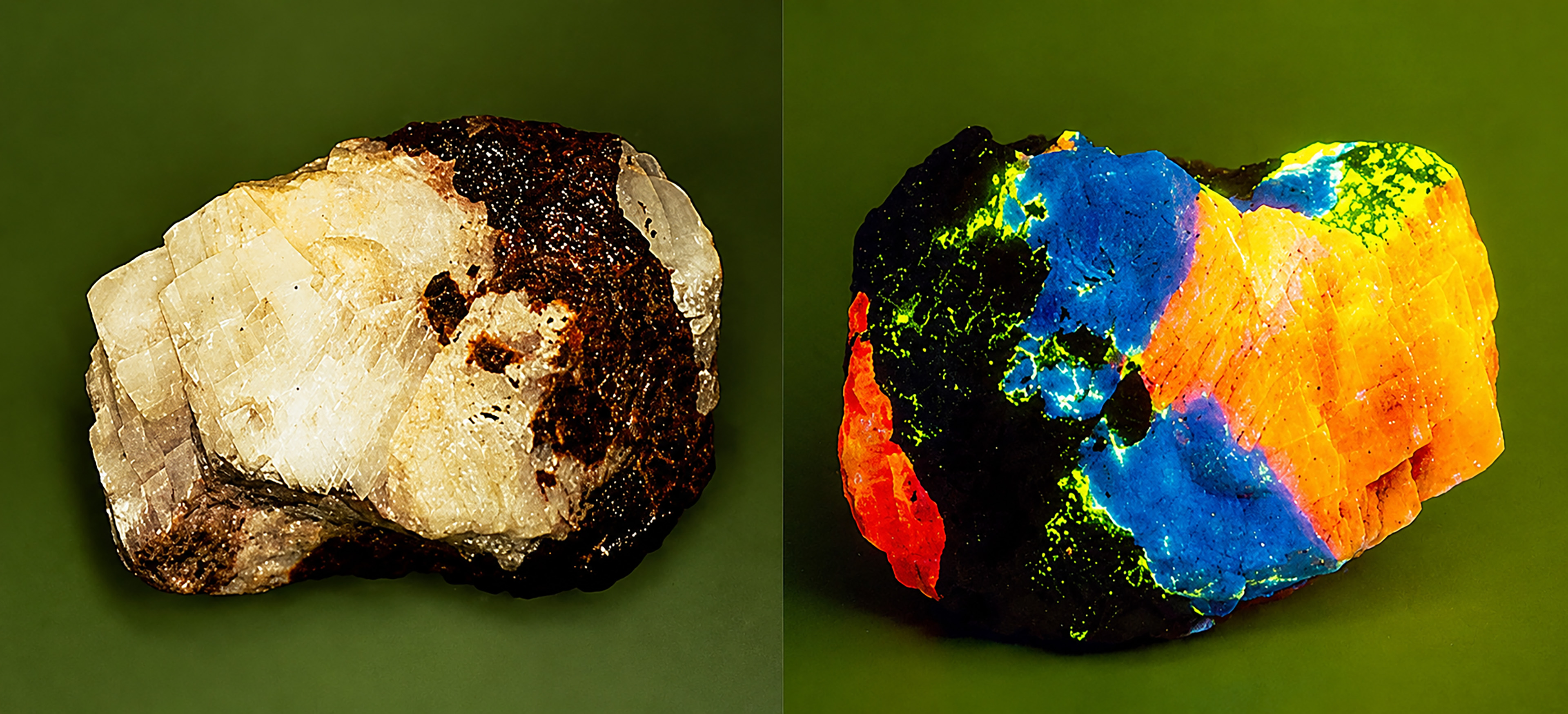 Side-by-side photographs of the same mineral specimen against an olive-green background. The left image shows pale, translucent crystalline formations embedded in a dark brown matrix under normal lighting. The right image shows the specimen under fluorescent light, revealing vivid blue, orange, yellow, green, red, and black mineral regions.
