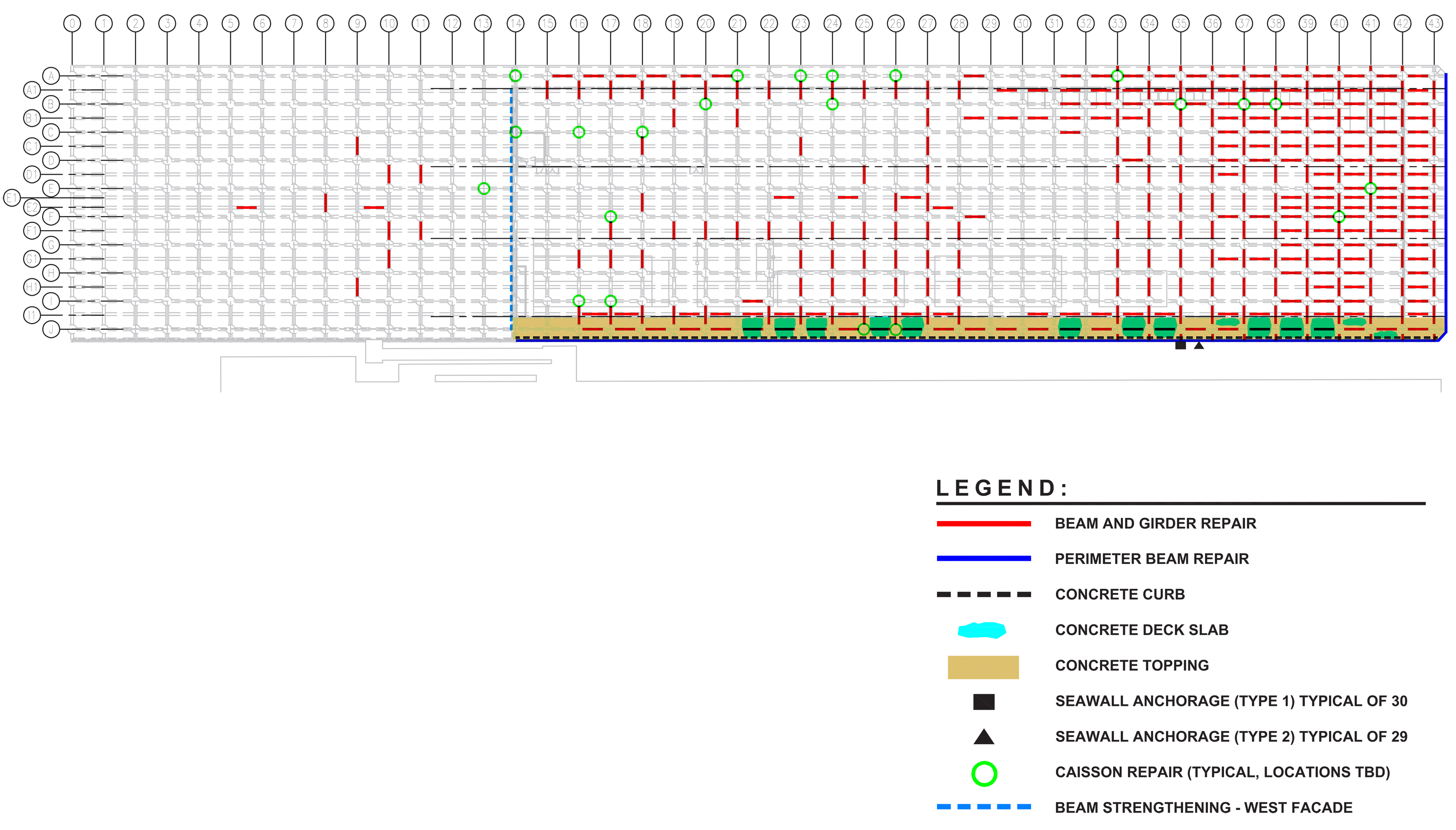 Structural repair plan of a long pier, showing beam and girder repairs concentrated across the eastern half and along the south edge, with additional perimeter, deck, caisson, and seawall repairs identified by color and symbol.